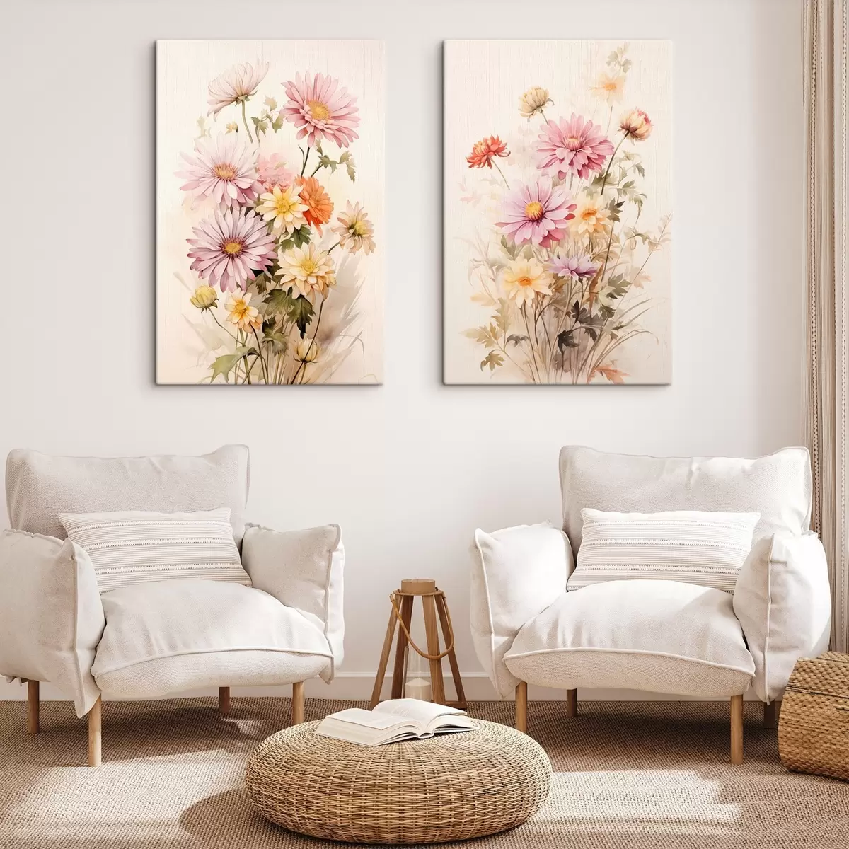  Schilderijen Een boeket kleurrijke bloemen, zachte aquarel stijl, op een lichte achtergrond, botanische illustratie m00649