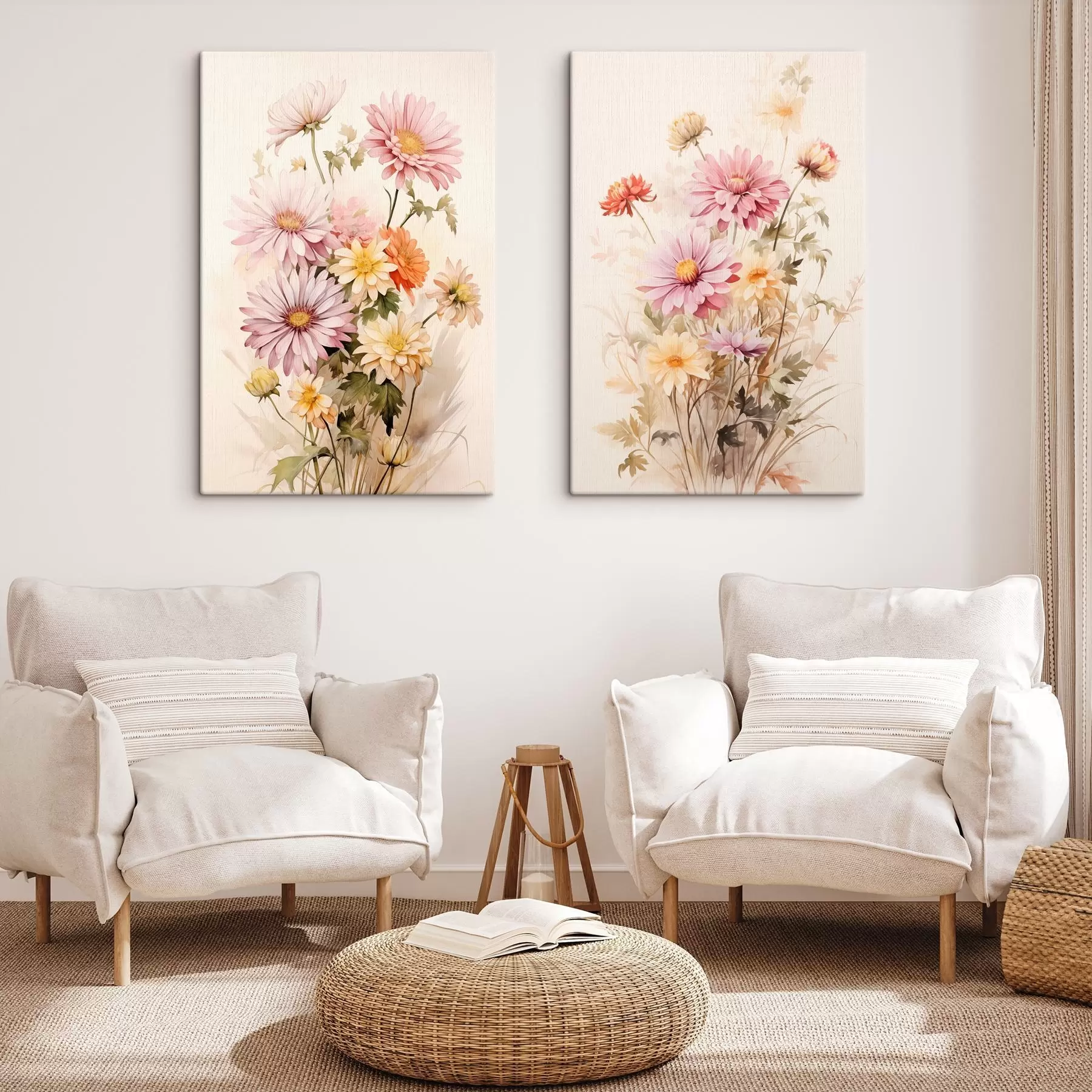  Schilderijen Een boeket kleurrijke bloemen, zachte aquarel stijl, op een lichte achtergrond, botanische illustratie m00649