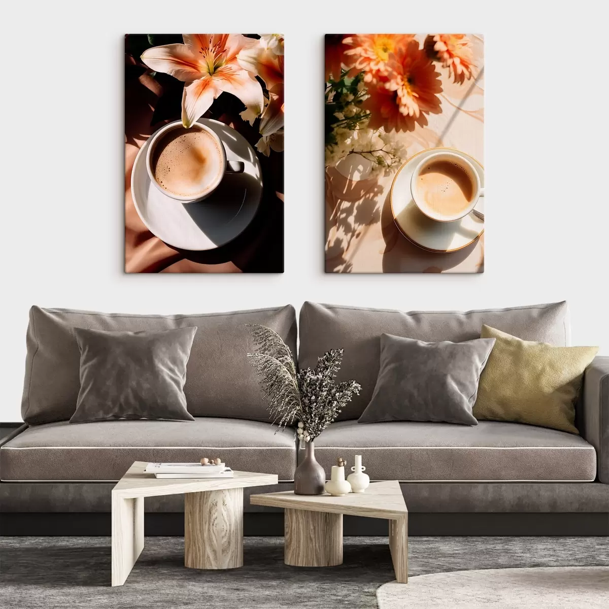  Schilderijen Een kop koffie met schuim op een wit bord, wat bloemen op de achtergrond, met zonlicht m00654