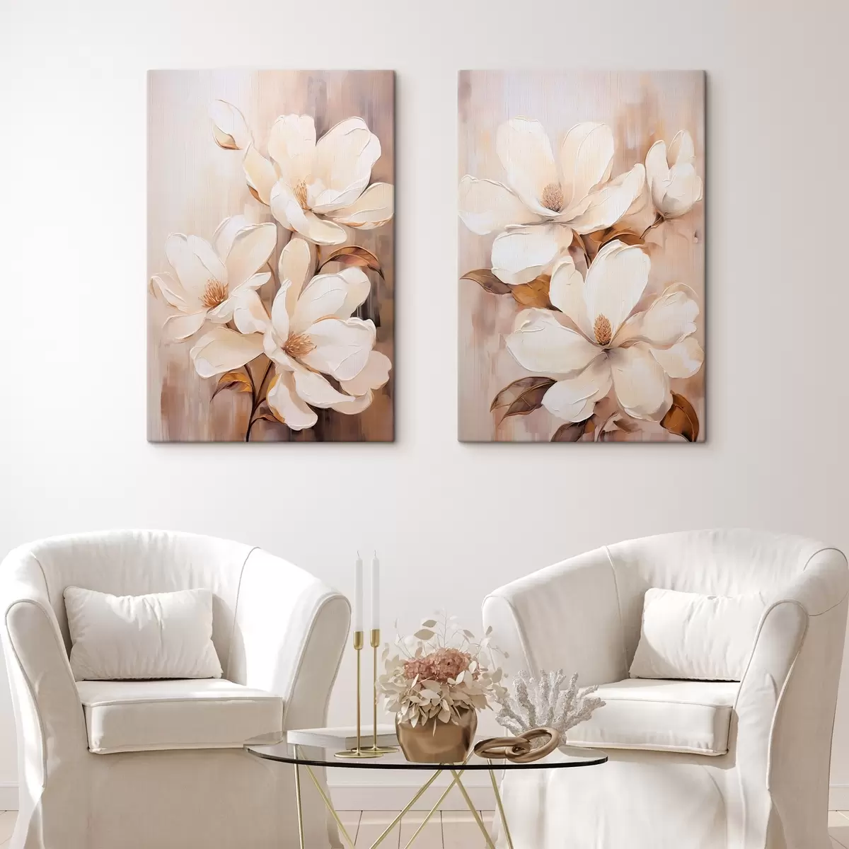  Schilderijen Witte magnoliabloemen tegen een zachte, onscherpe achtergrond van beige en bruine tinten, schilderstijl m00655