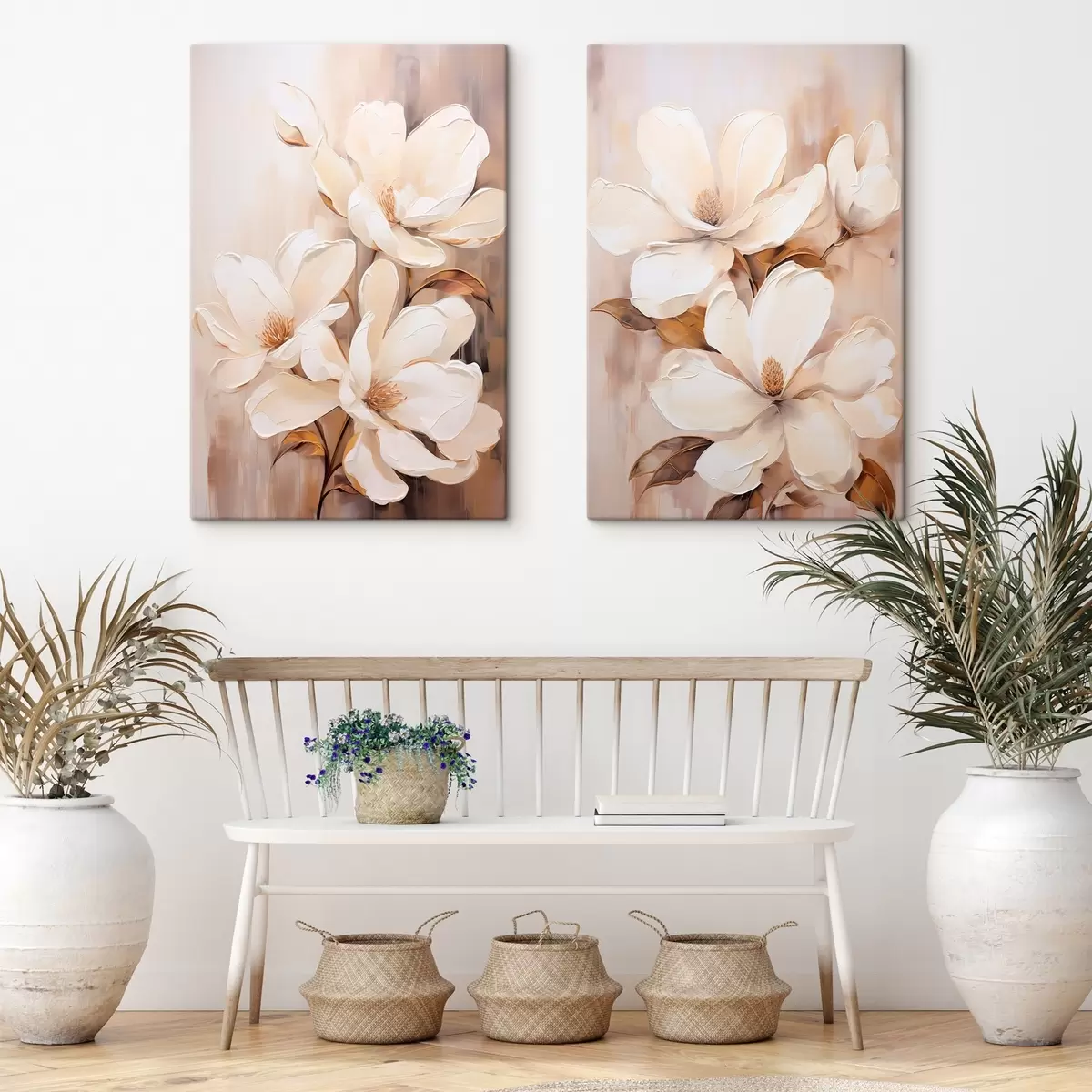  Schilderijen Witte magnoliabloemen tegen een zachte, onscherpe achtergrond van beige en bruine tinten, schilderstijl m00655