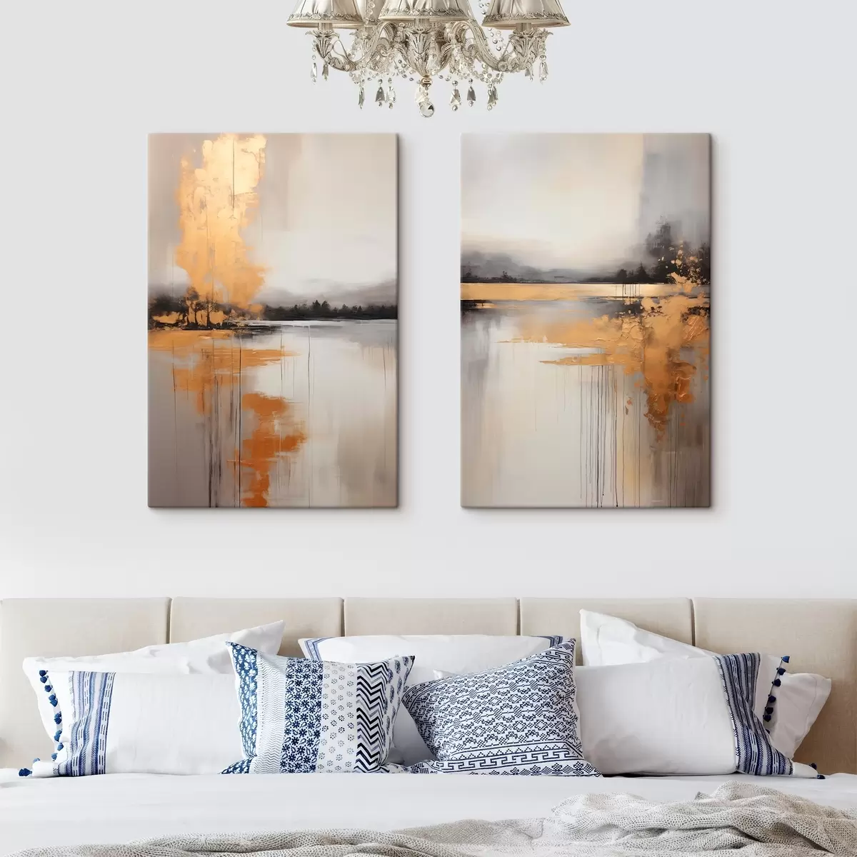  Schilderijen Een abstract landschap met een meer, boom en gele mist, het water weerspiegelt en bewolkte lucht m00657