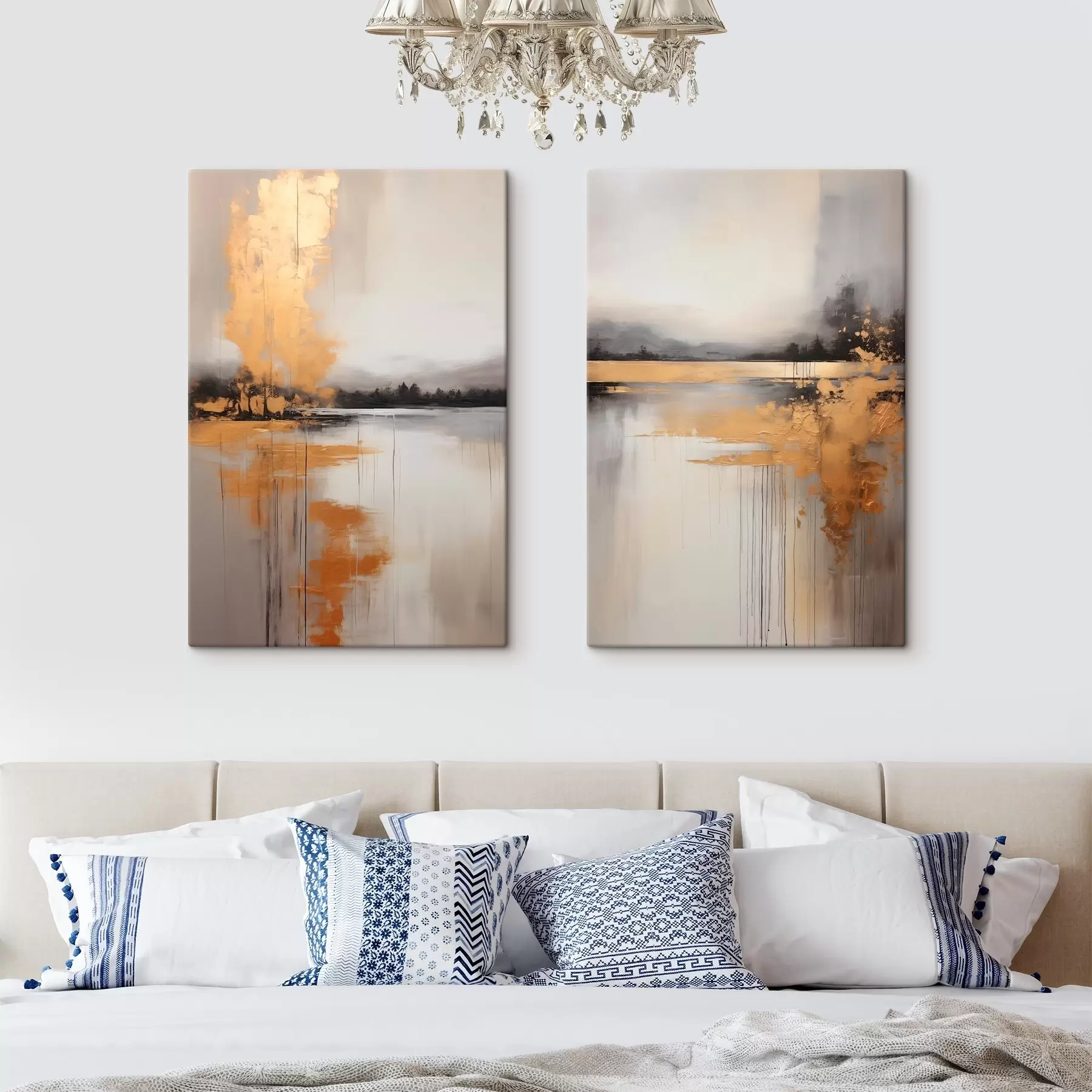  Schilderijen Een abstract landschap met een meer, boom en gele mist, het water weerspiegelt en bewolkte lucht m00657
