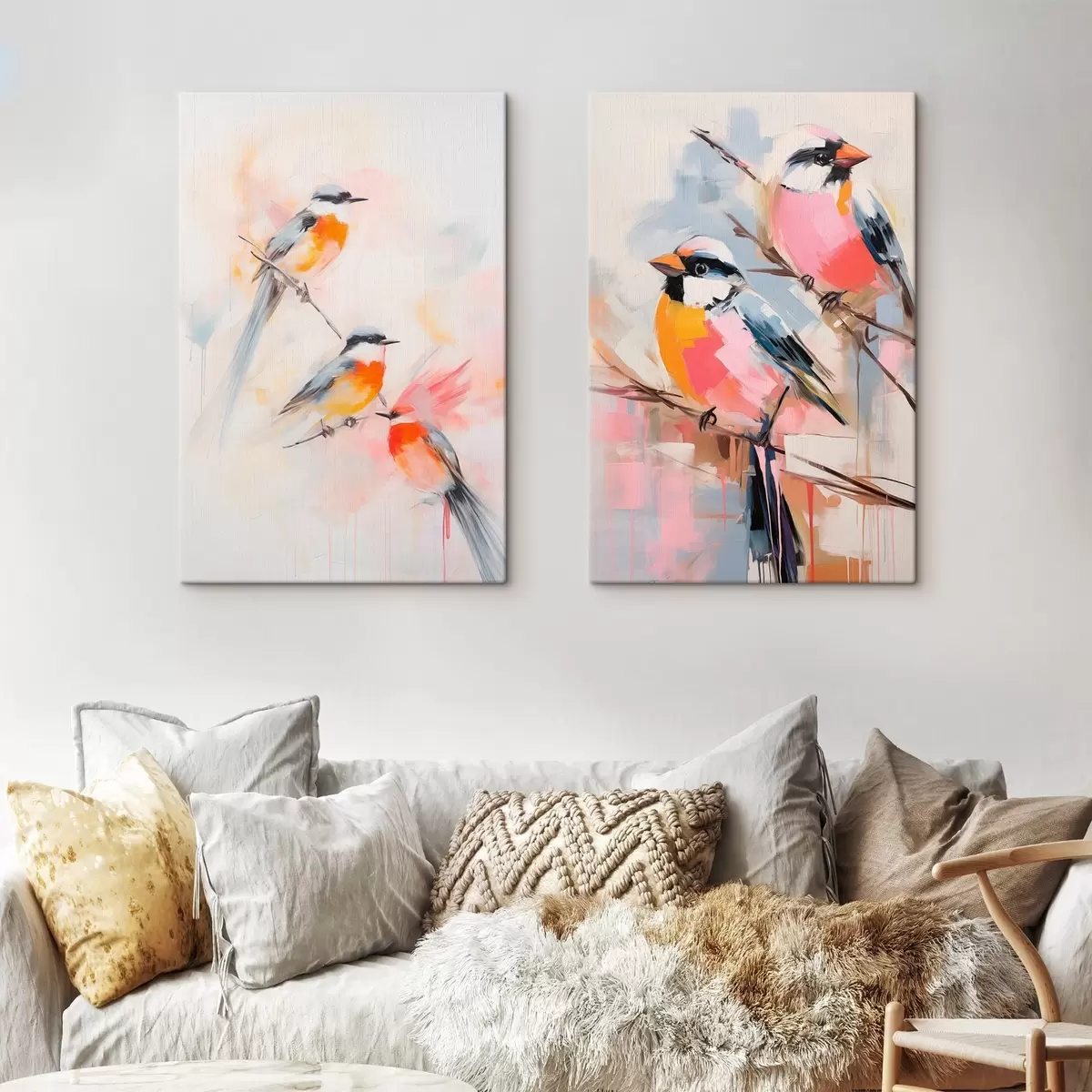  Schilderijen Vogels neergestreken op takken , zachte pastelkleuren, lichte achtergrond met roze en witte tinten m00658