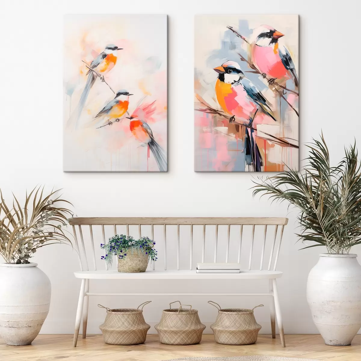  Schilderijen Vogels neergestreken op takken , zachte pastelkleuren, lichte achtergrond met roze en witte tinten m00658