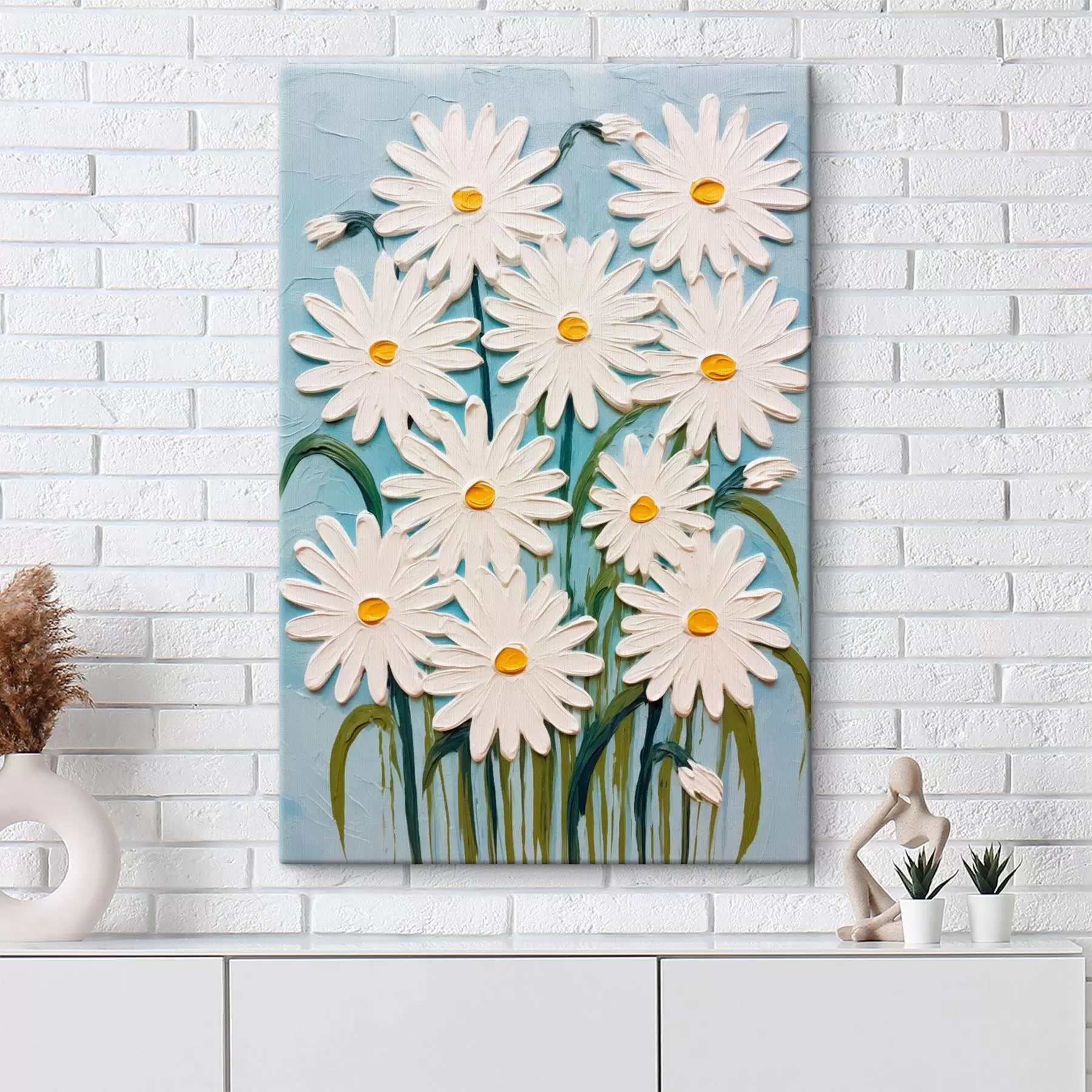  Schilderijen Madeliefjes in de stijl van reliëfschilderijen: compositie op een blauwe achtergrond s45527