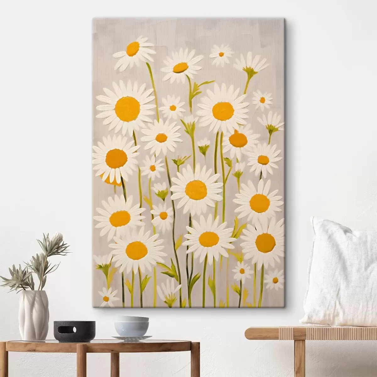  Schilderijen Wilde bloemen: compositie van madeliefjes op een lichte achtergrond s45528