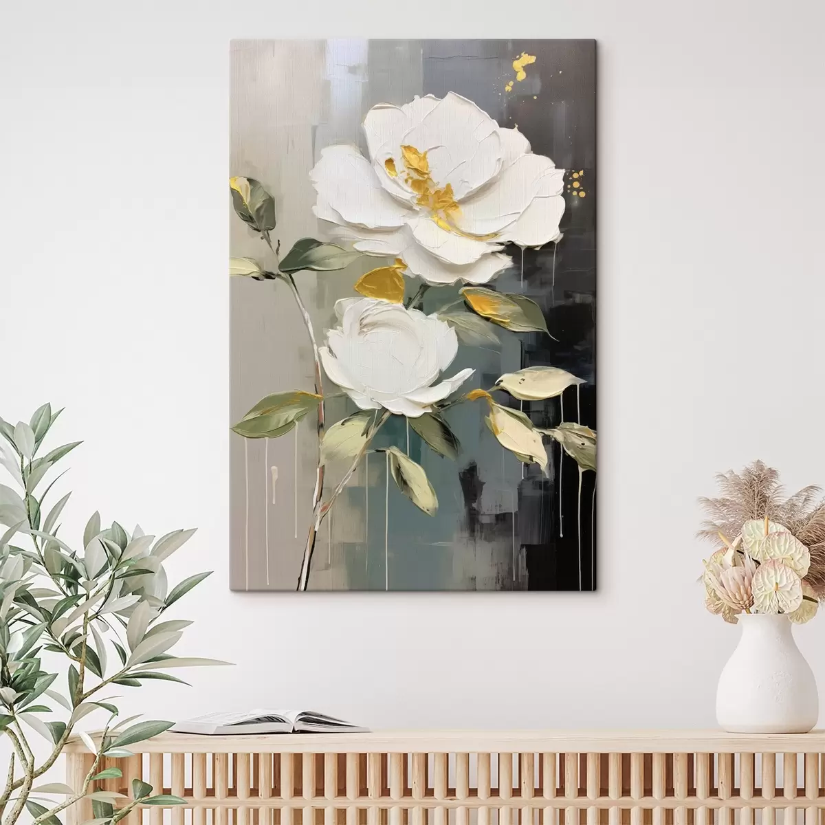  Schilderijen Volumineuze bloemen: decoratief motief in lichte en donkere tinten s45531