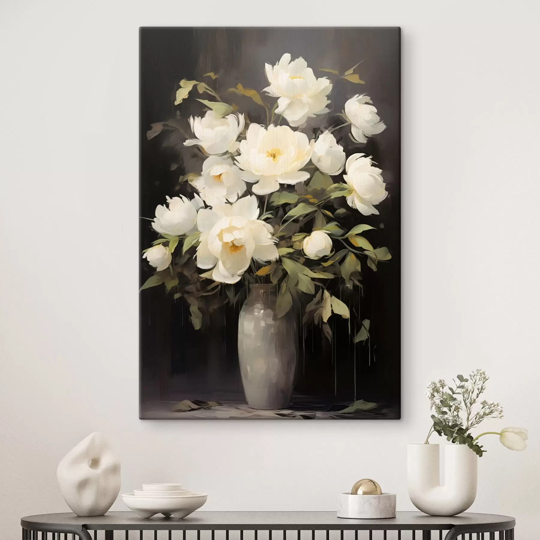 Schilderijen Delicate pioenrozen in een vaas: bloemencompositie in de stijl van een schilderij s45532