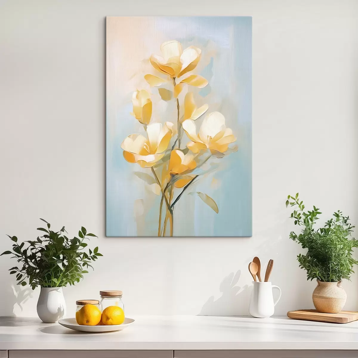  Schilderijen Bloemmotief: boeket in lichtgele en blauwe tinten s45540