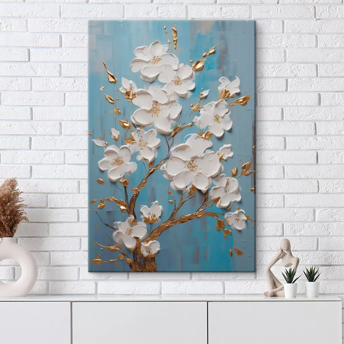  Schilderijen Witte bloemen op een tak: decoratief motief in lichtblauwe tinten s45541