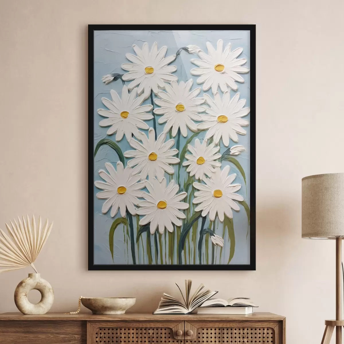 Poster Madeliefjes in de stijl van reliëfschilderijen: compositie op een blauwe achtergrond f45527