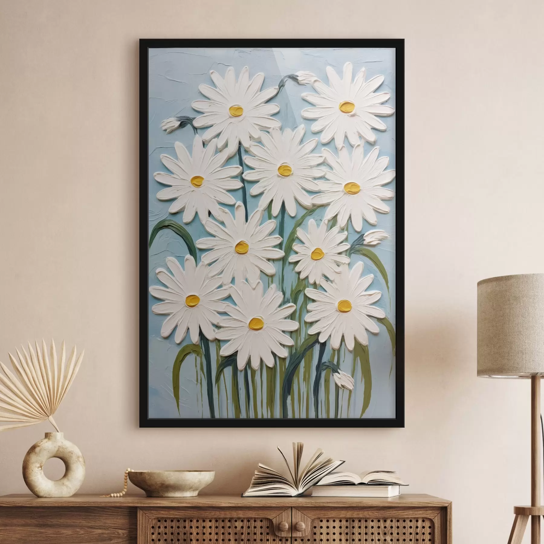 Fotobehang Madeliefjes in de stijl van reliëfschilderijen: compositie op een blauwe achtergrond f45527