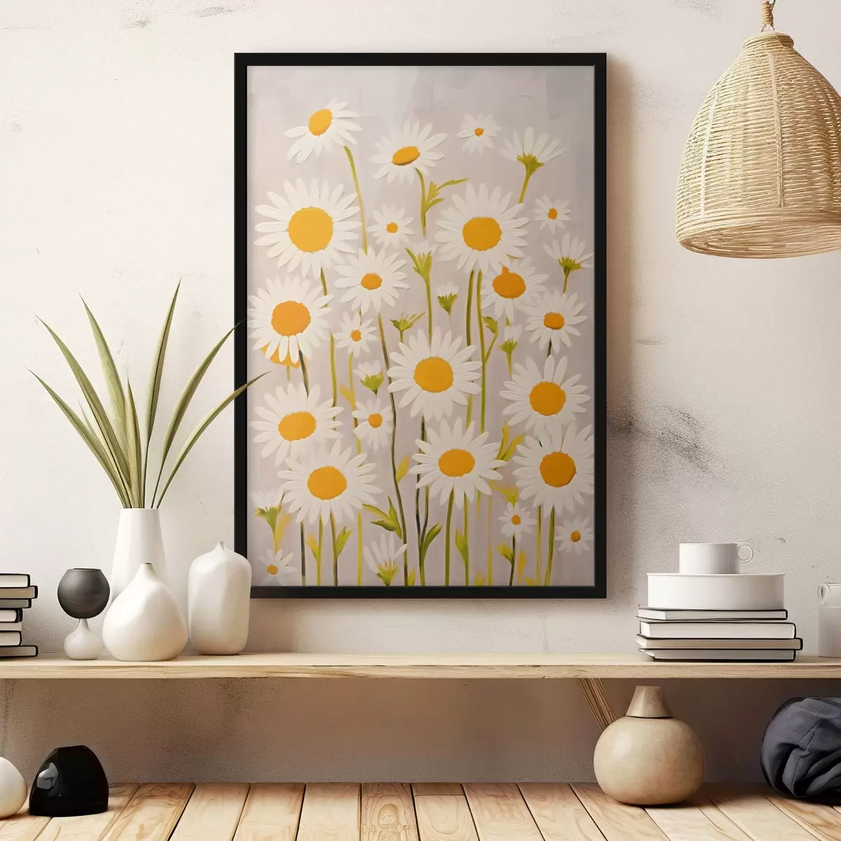 Poster Wilde bloemen: compositie van madeliefjes op een lichte achtergrond f45528