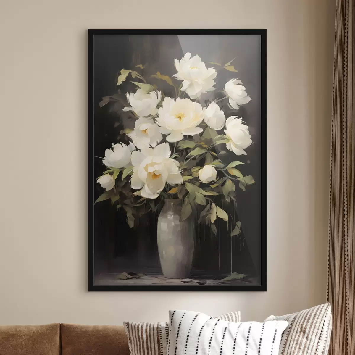 Poster Delicate pioenrozen in een vaas: bloemencompositie in de stijl van een schilderij f45532