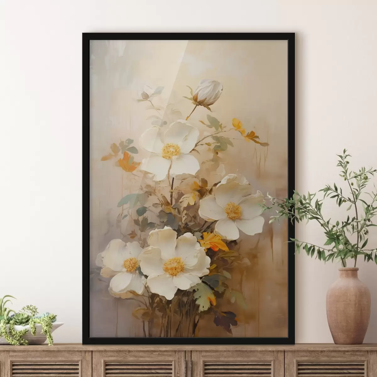 Poster Witte bloemen: schilderachtige compositie in pasteltinten f45533