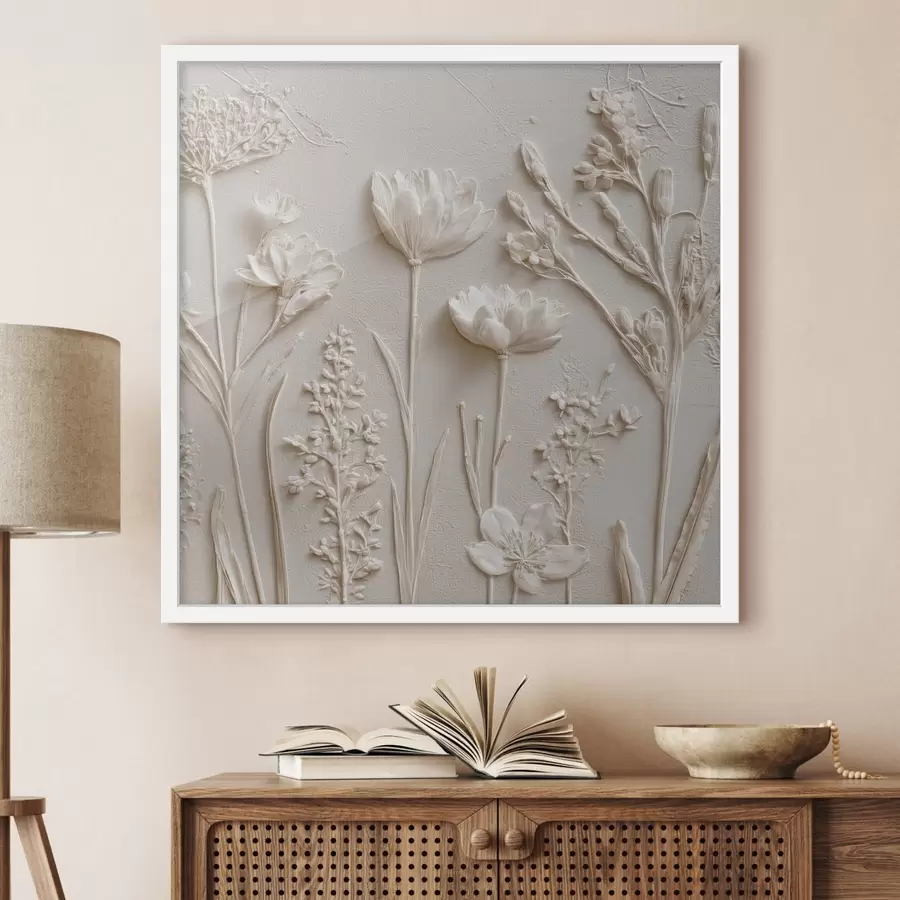 Fotobehang Abstracte compositie: bas-reliëfstijl met bloemen op een lichte achtergrond f45535