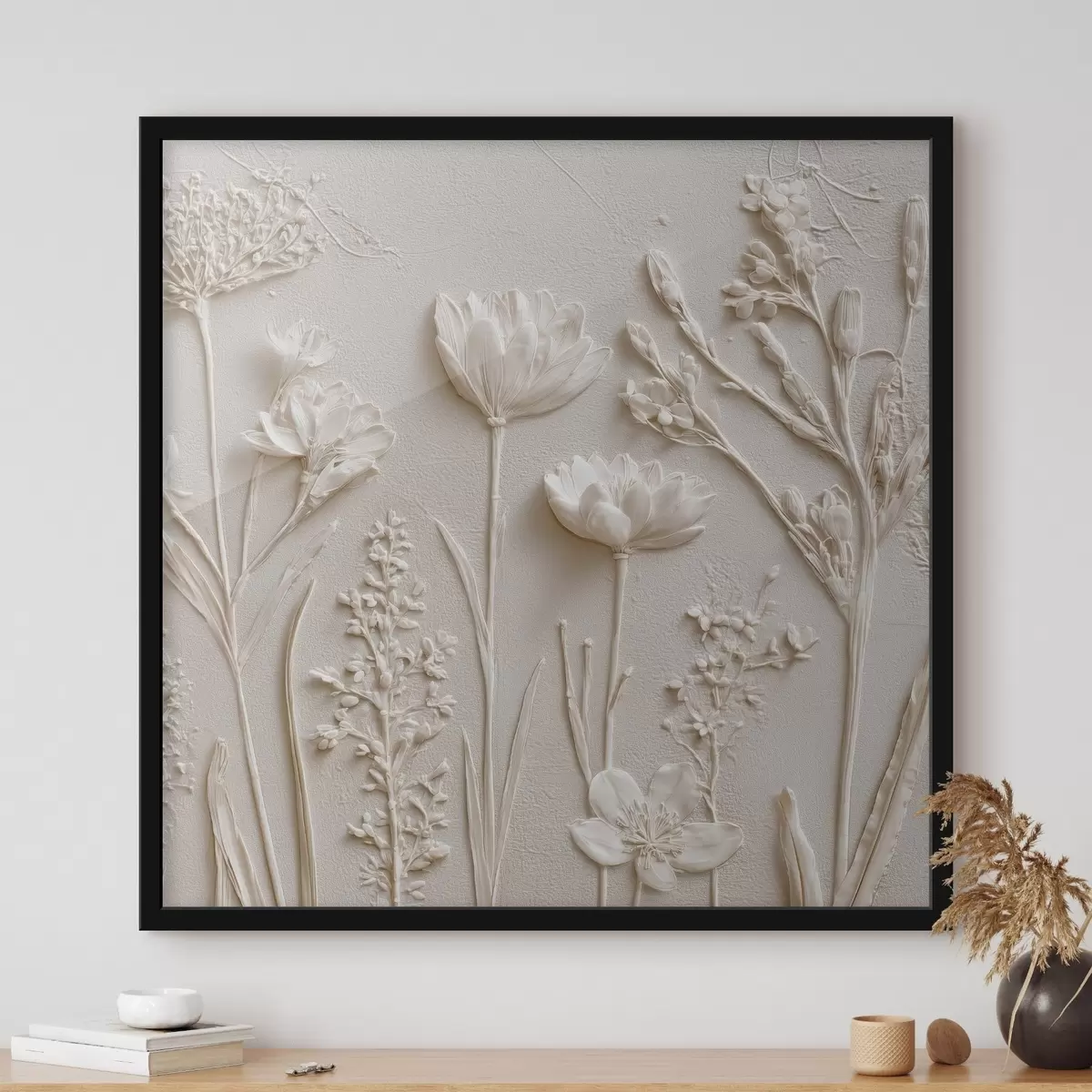Poster Abstracte compositie: bas-reliëfstijl met bloemen op een lichte achtergrond f45535