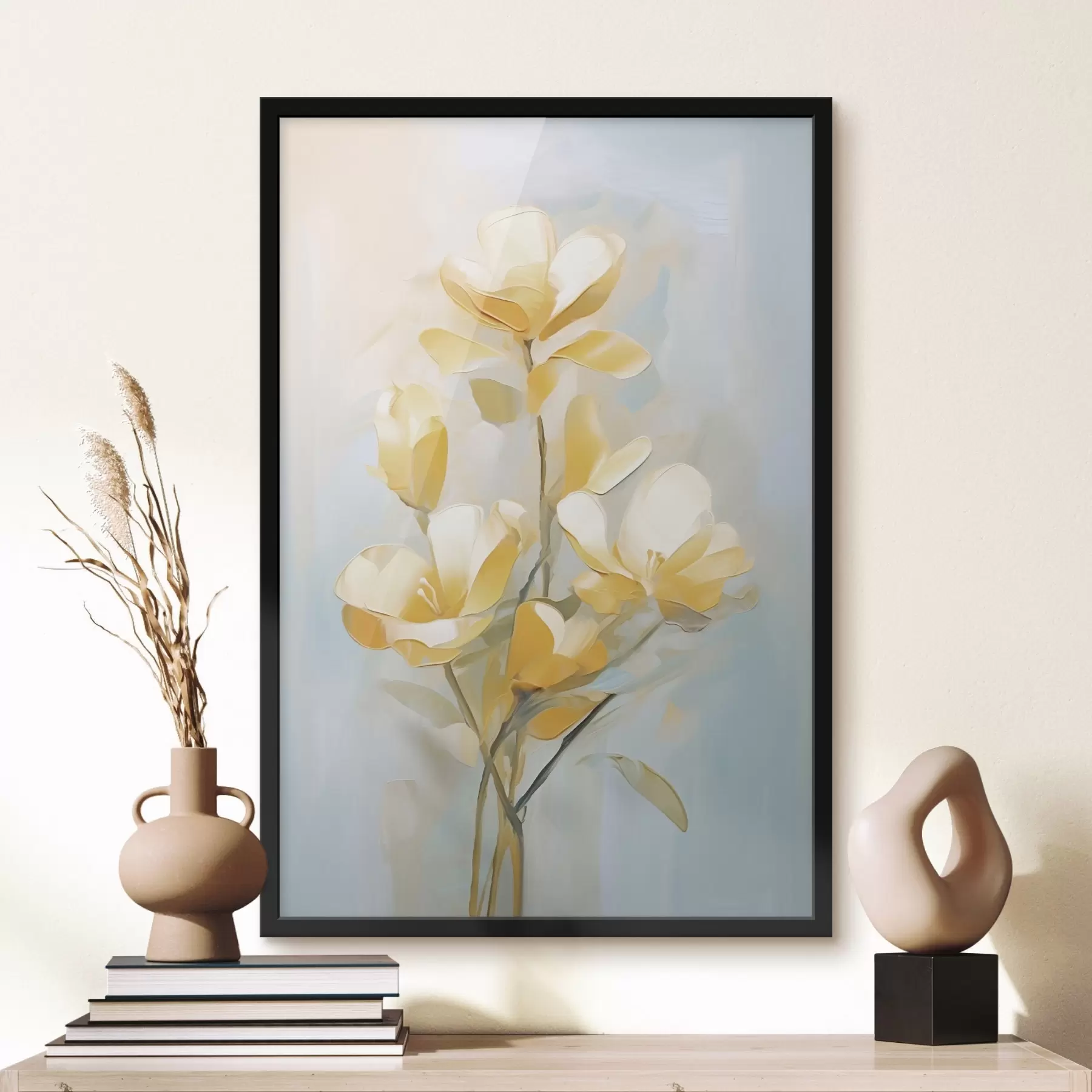 Fotobehang Bloemmotief: boeket in lichtgele en blauwe tinten f45540
