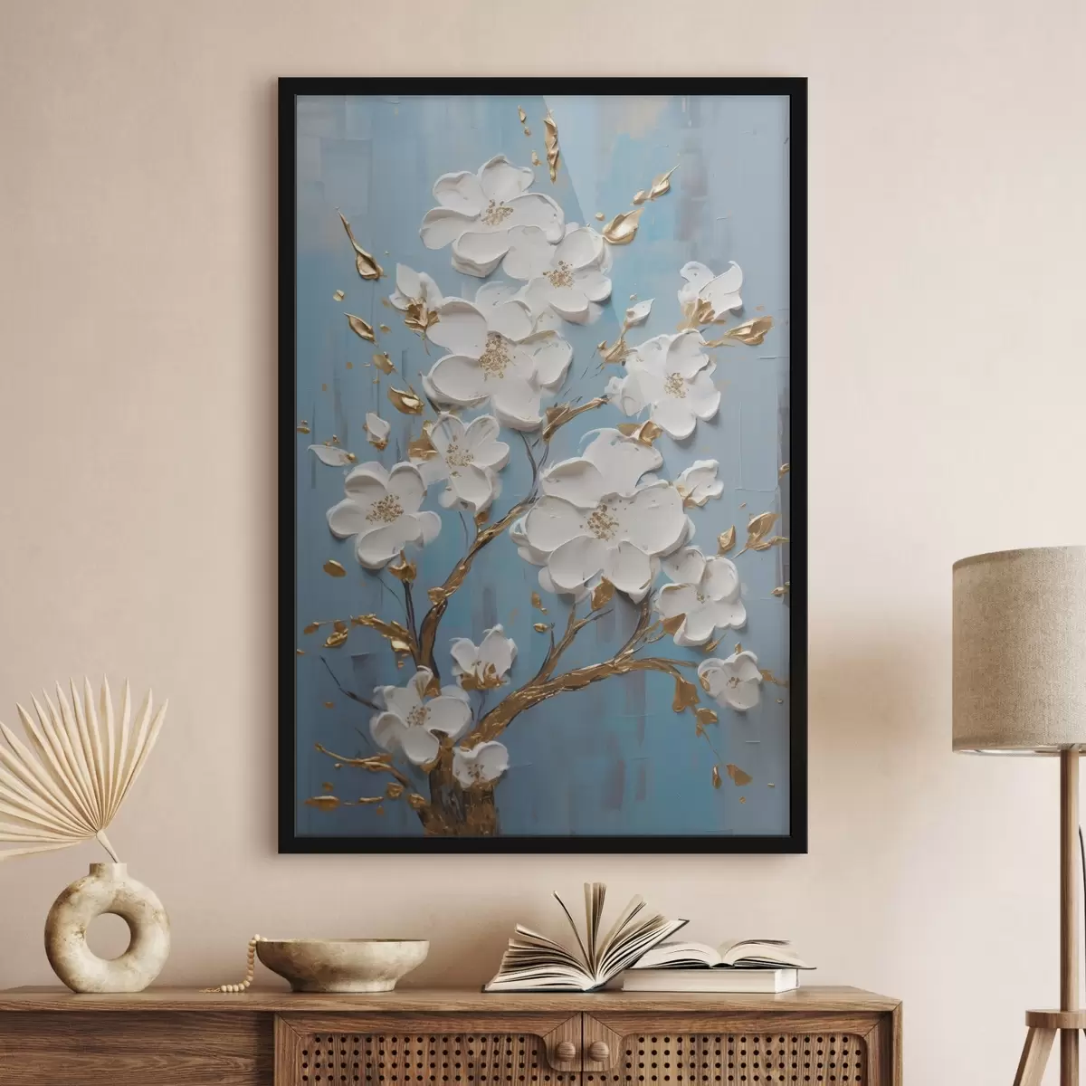 Poster Witte bloemen op een tak: decoratief motief in lichtblauwe tinten f45541
