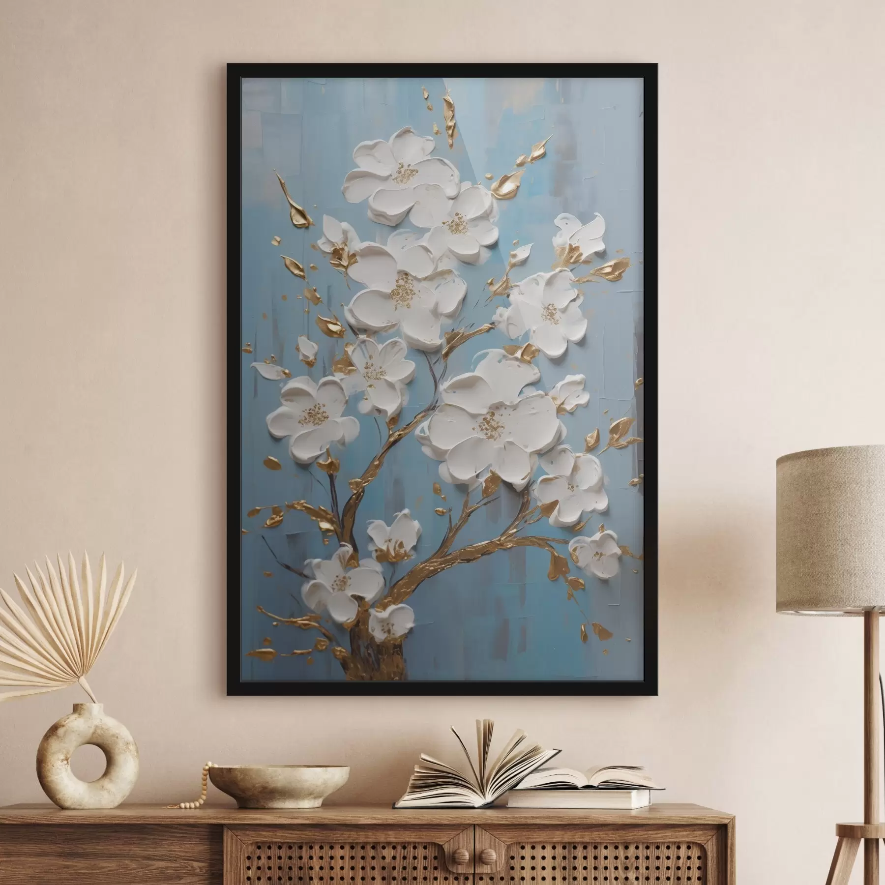 Fotobehang Witte bloemen op een tak: decoratief motief in lichtblauwe tinten f45541