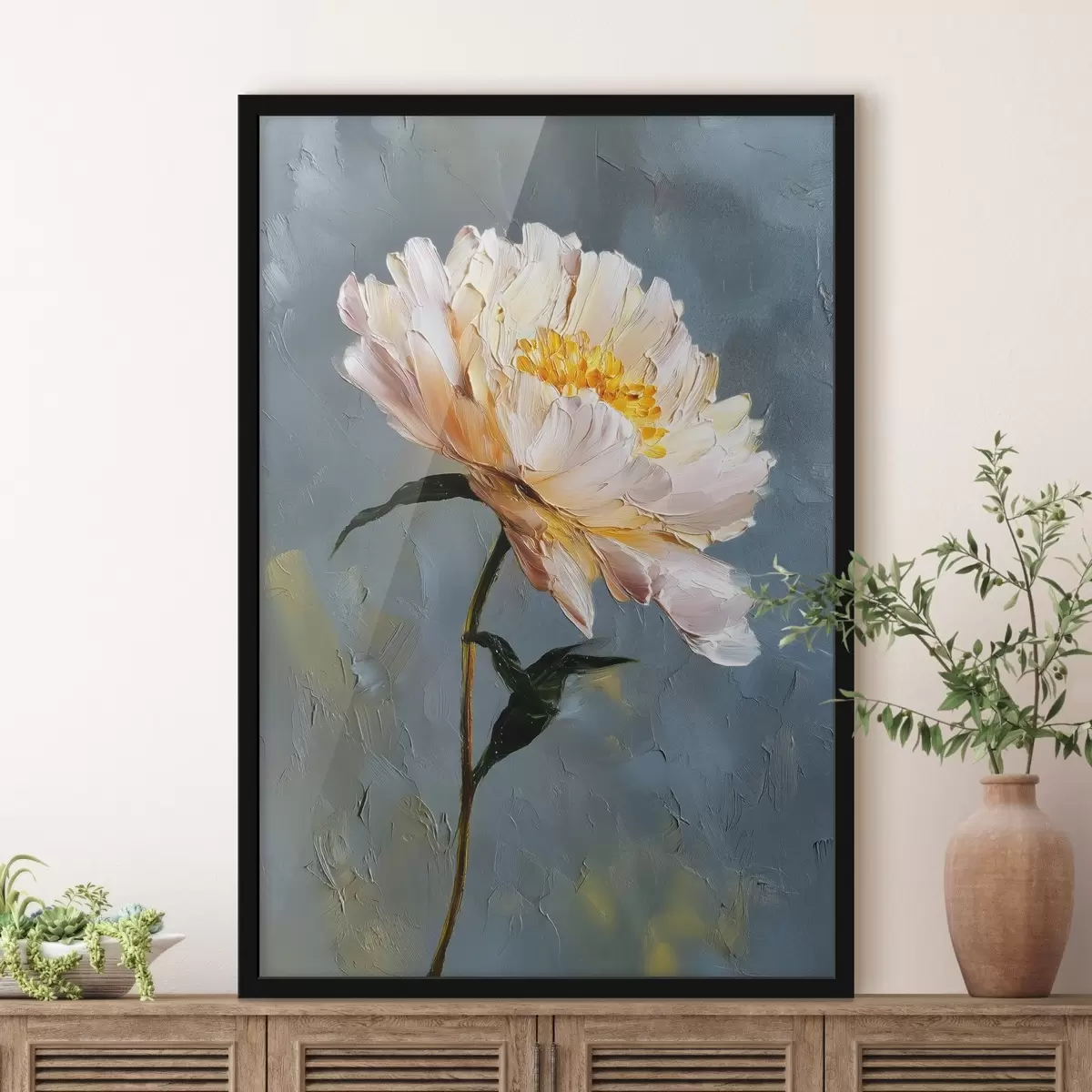 Poster Abstracte bloem: compositie in blauw en grijstinten f45542