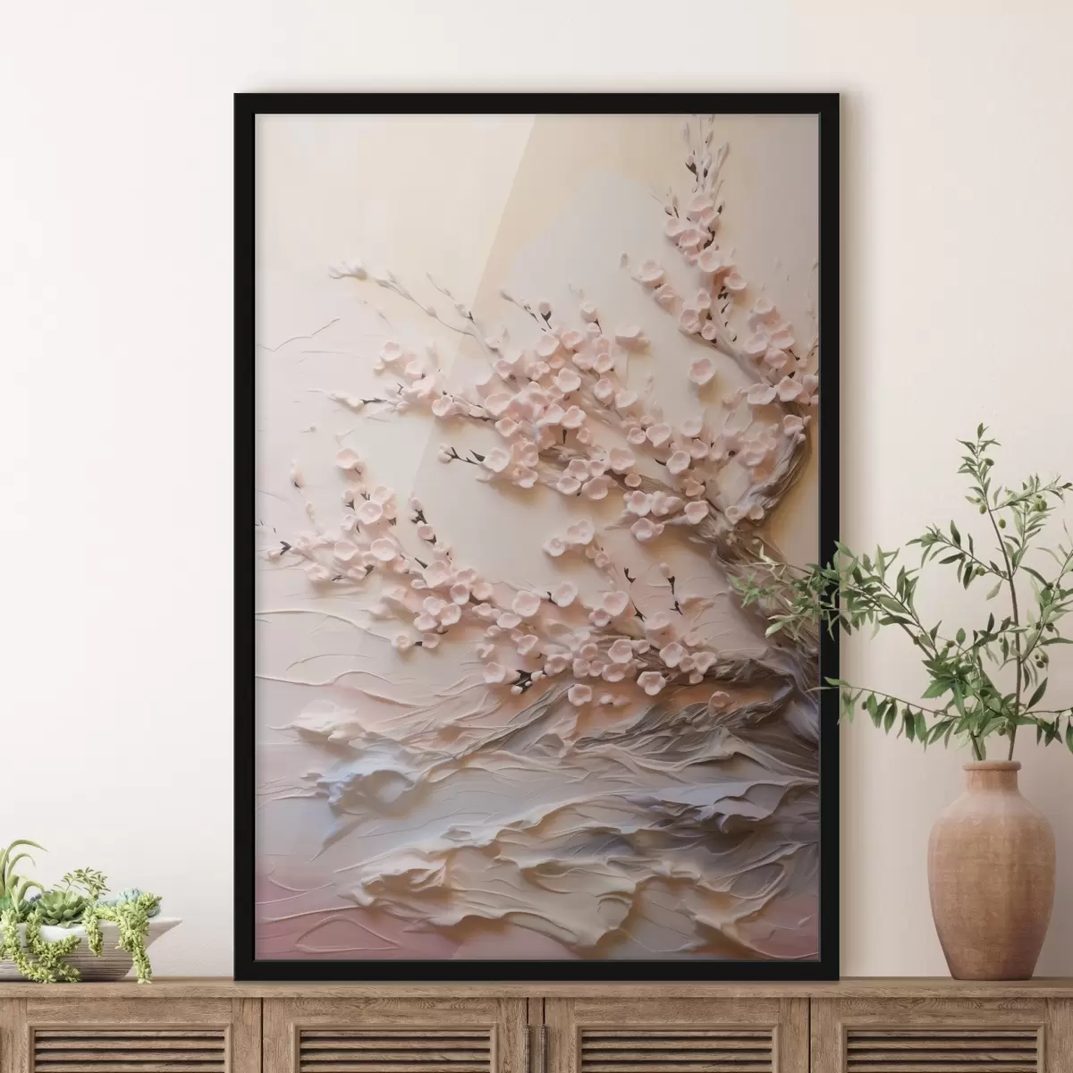 Poster Reliëfcompositie van sakura in pasteltinten f45544