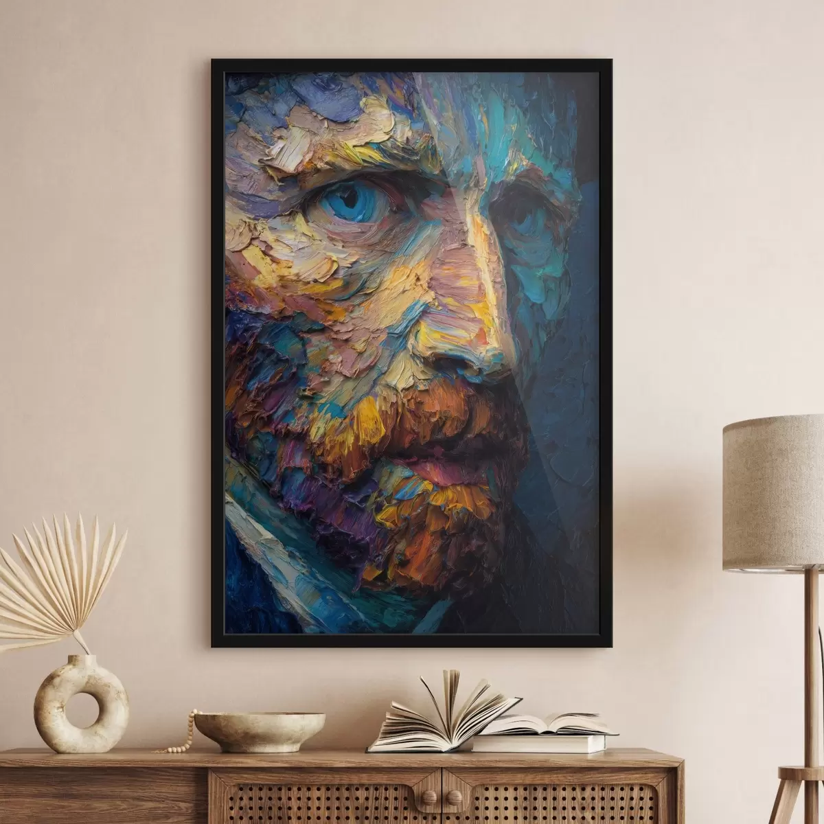 Poster Decoratief Van Gogh-portret: reliëfschilderij in blauwe en oranje tinten f45546