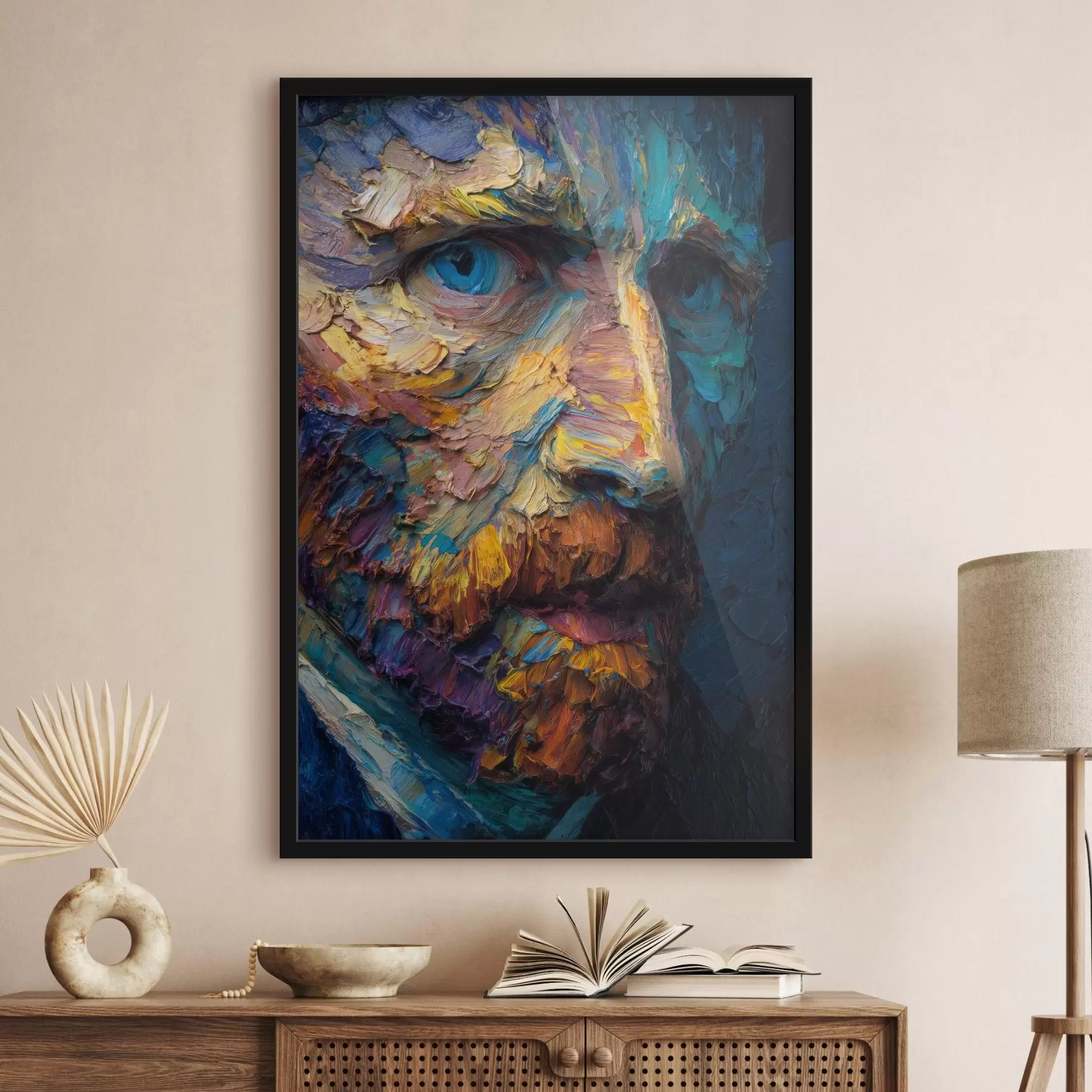 Fotobehang Decoratief Van Gogh-portret: reliëfschilderij in blauwe en oranje tinten f45546