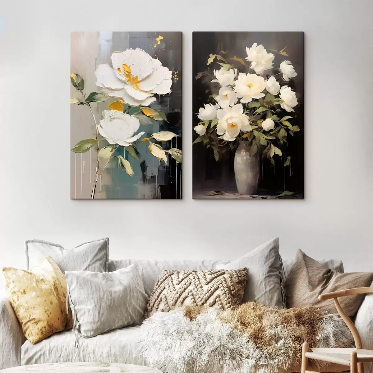  Schilderijen Witte pioenrozen op een donkere achtergrond: decoratieve compositie m00634