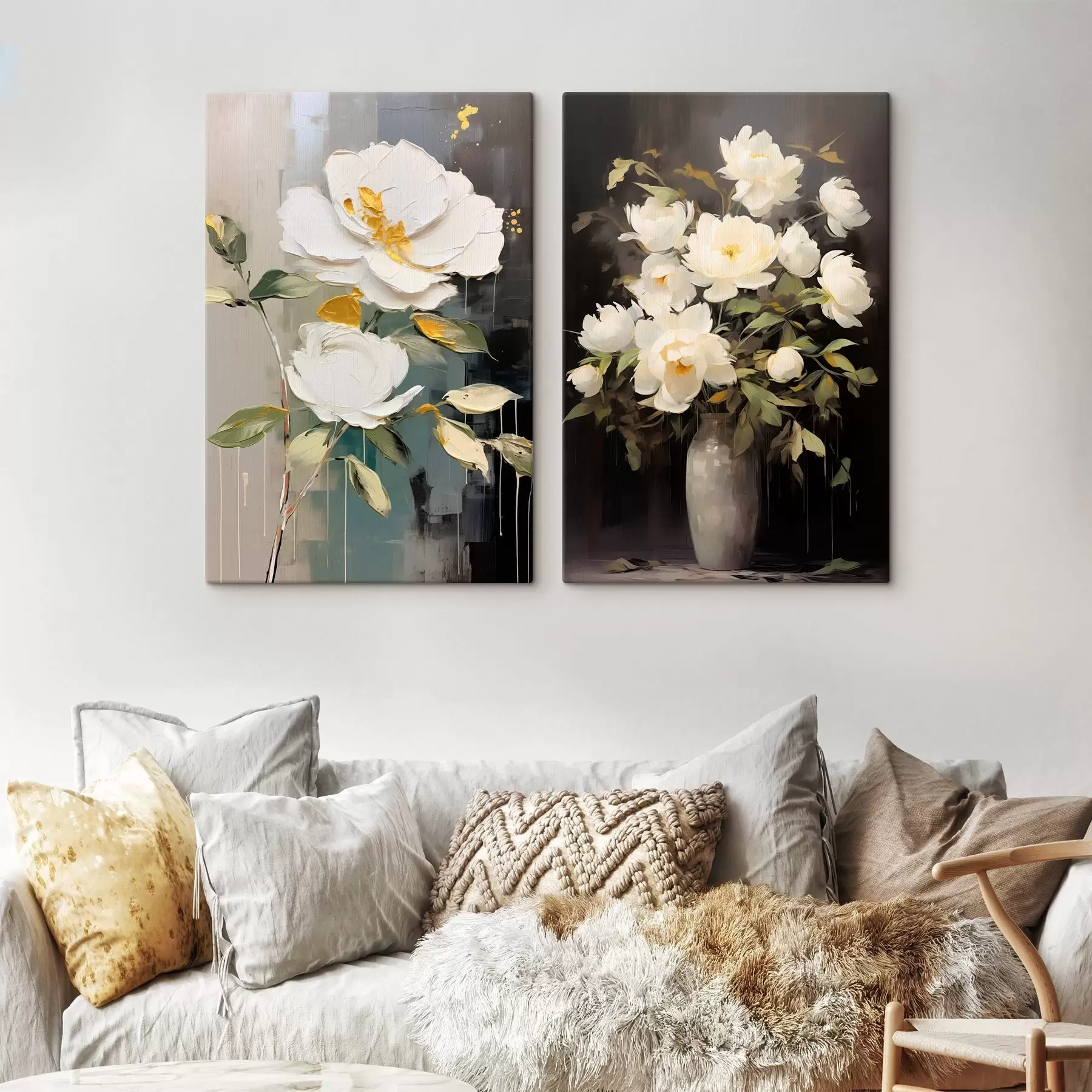  Schilderijen Witte pioenrozen op een donkere achtergrond: decoratieve compositie m00634
