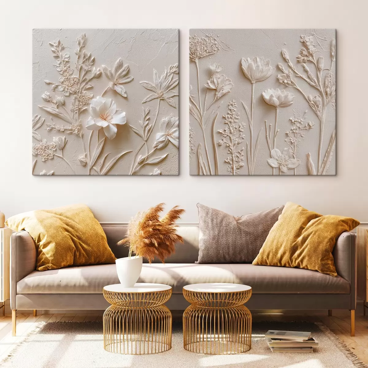  Schilderijen Florale textuur: tekening in stucwerkstijl m00642