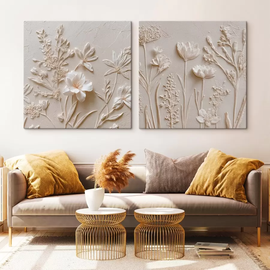  Schilderijen Florale textuur: tekening in stucwerkstijl m00642