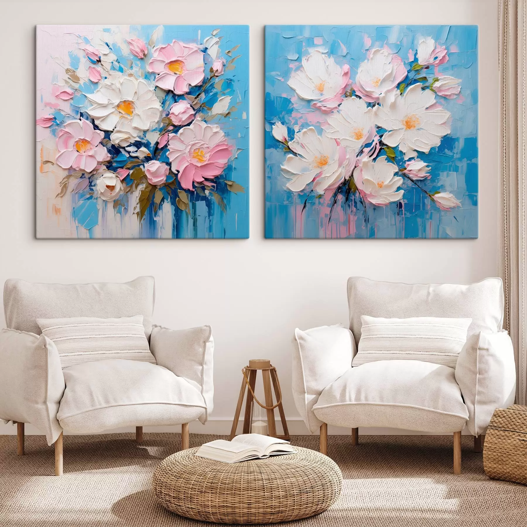  Schilderijen Abstracte bloemen: decoratieve compositie in roze en blauwe tinten m00643