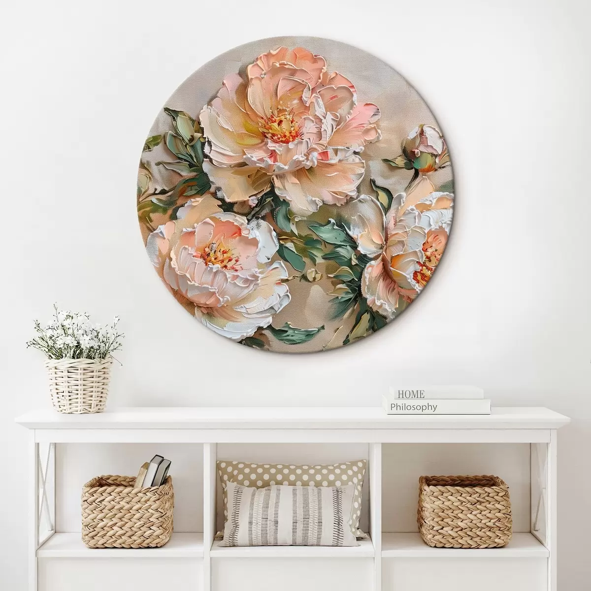 Ronde schilderijen Pioen impasto imitatie r45447