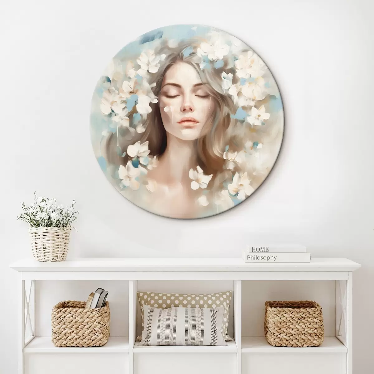 Ronde schilderijen Abstract portret van een vrouw met bloemen in de vorm van penseelstreken r45450