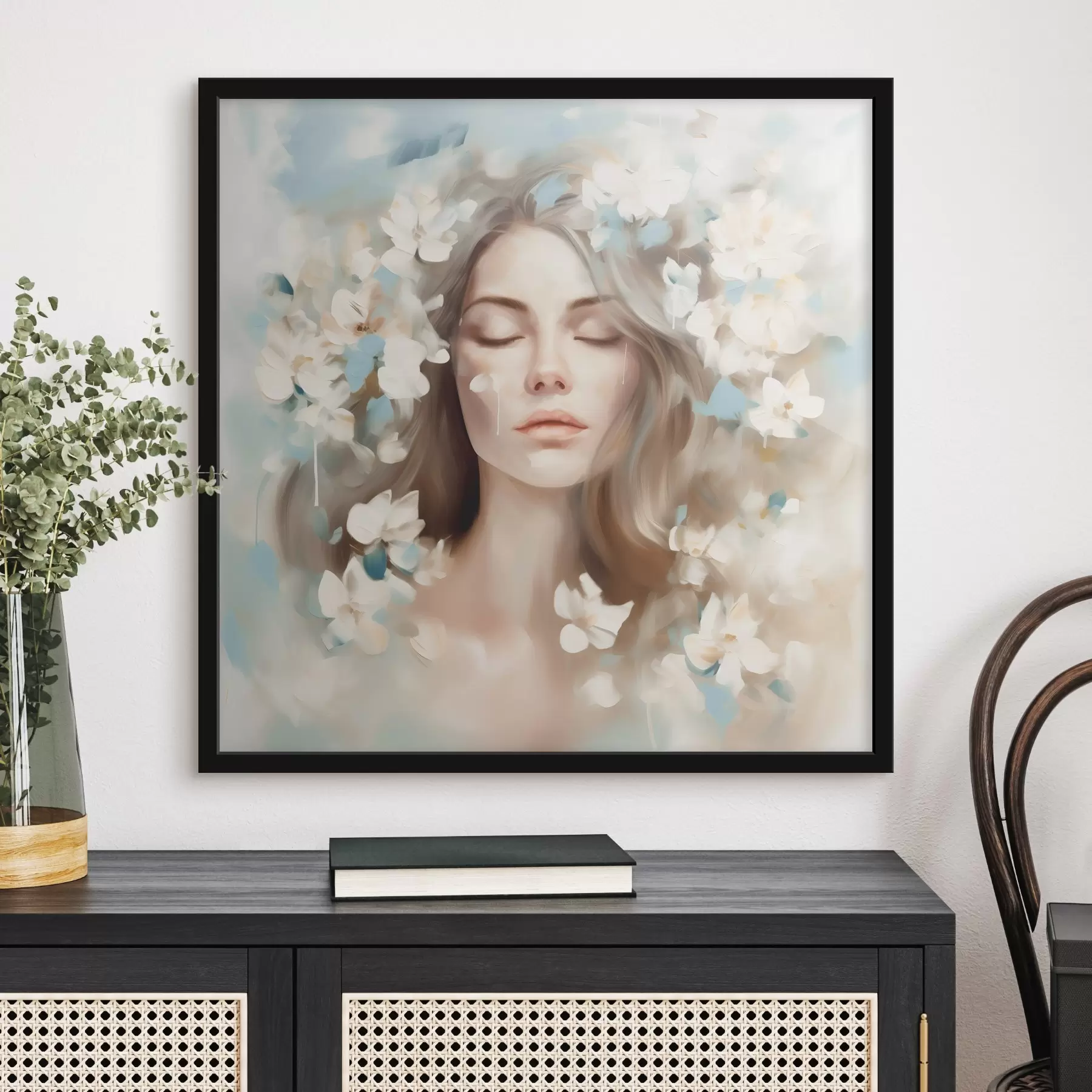 Fotobehang Abstract portret van een vrouw met bloemen in de vorm van penseelstreken f45450