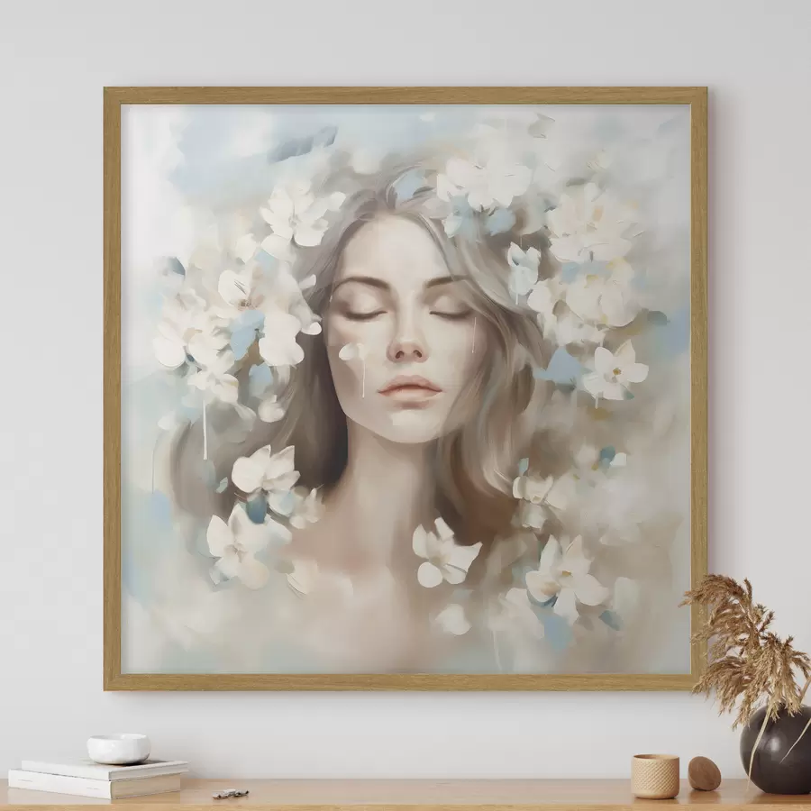 Fotobehang Abstract portret van een vrouw met bloemen in de vorm van penseelstreken f45450