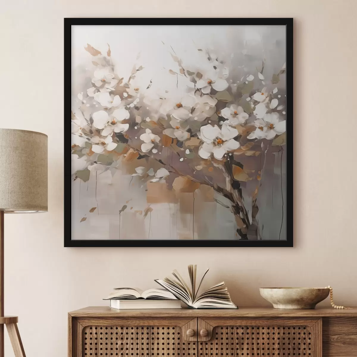 Poster Abstracte tak met bloemen f45579