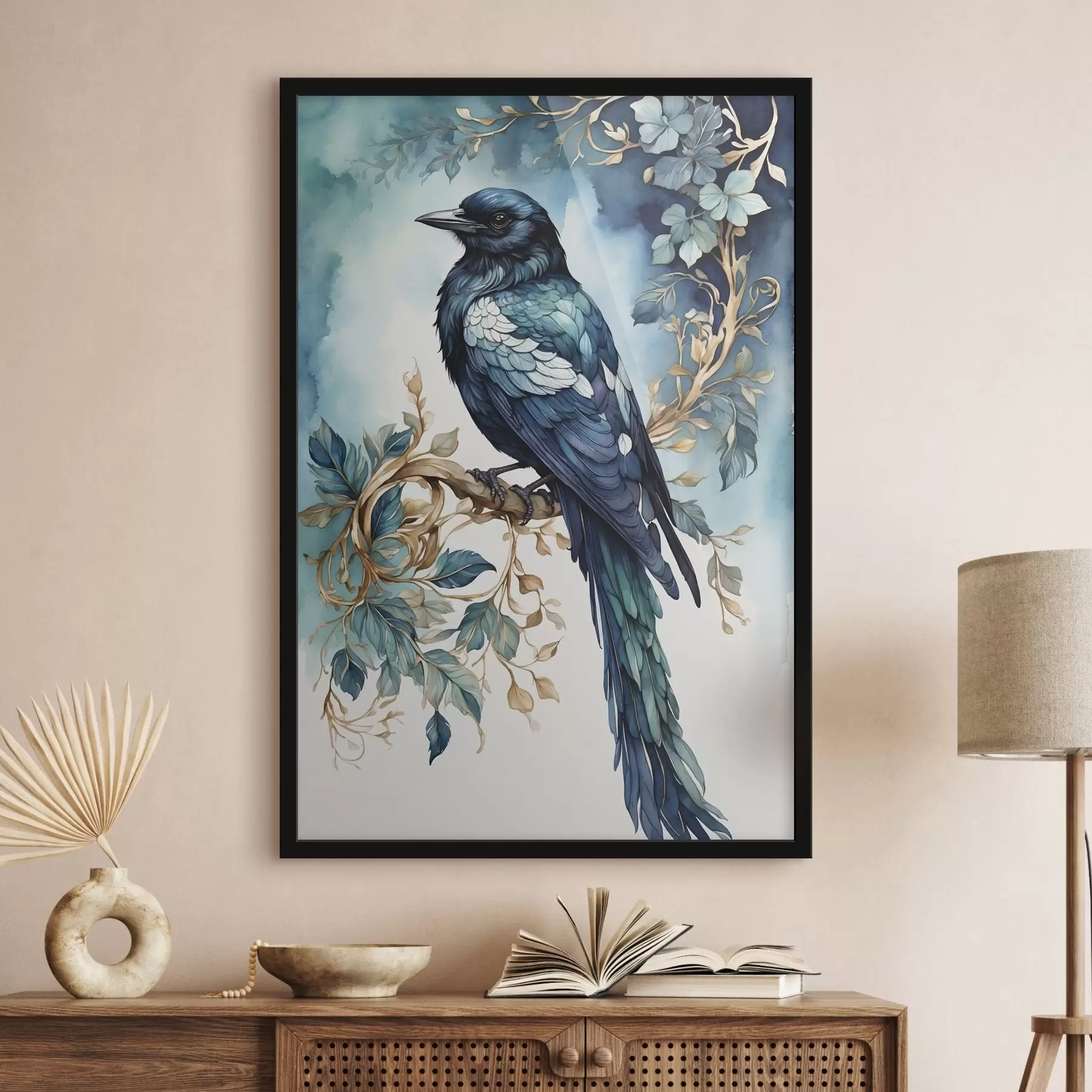 Fotobehang Blauwe vogel op een tak met bladeren in aquarelstijl f45483