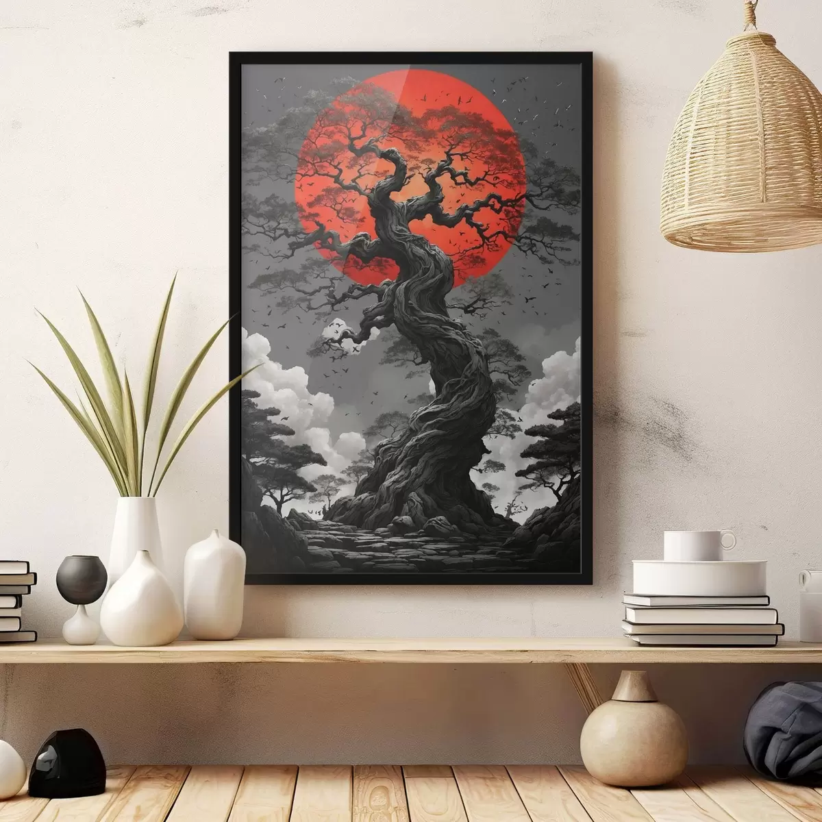 Poster Abstract landschap met bergen in een papieren stijl f45485