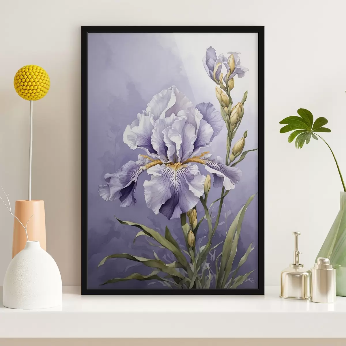 Poster Blauwe vogel op een tak met bladeren in aquarelstijl f45486