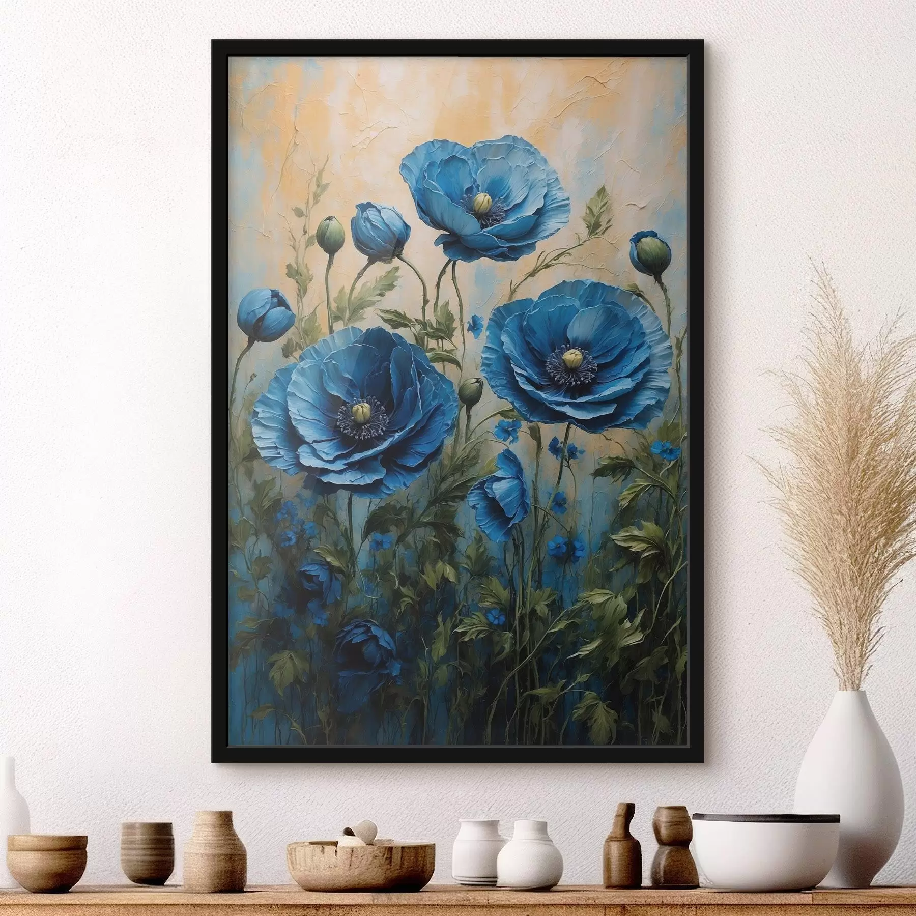 Fotobehang Grote blauwe klaprozen met knoppen op een lichte achtergrond f45488