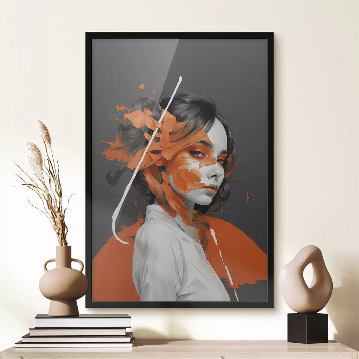 Poster Portret van een vrouw met oranje penseelstreken f45489