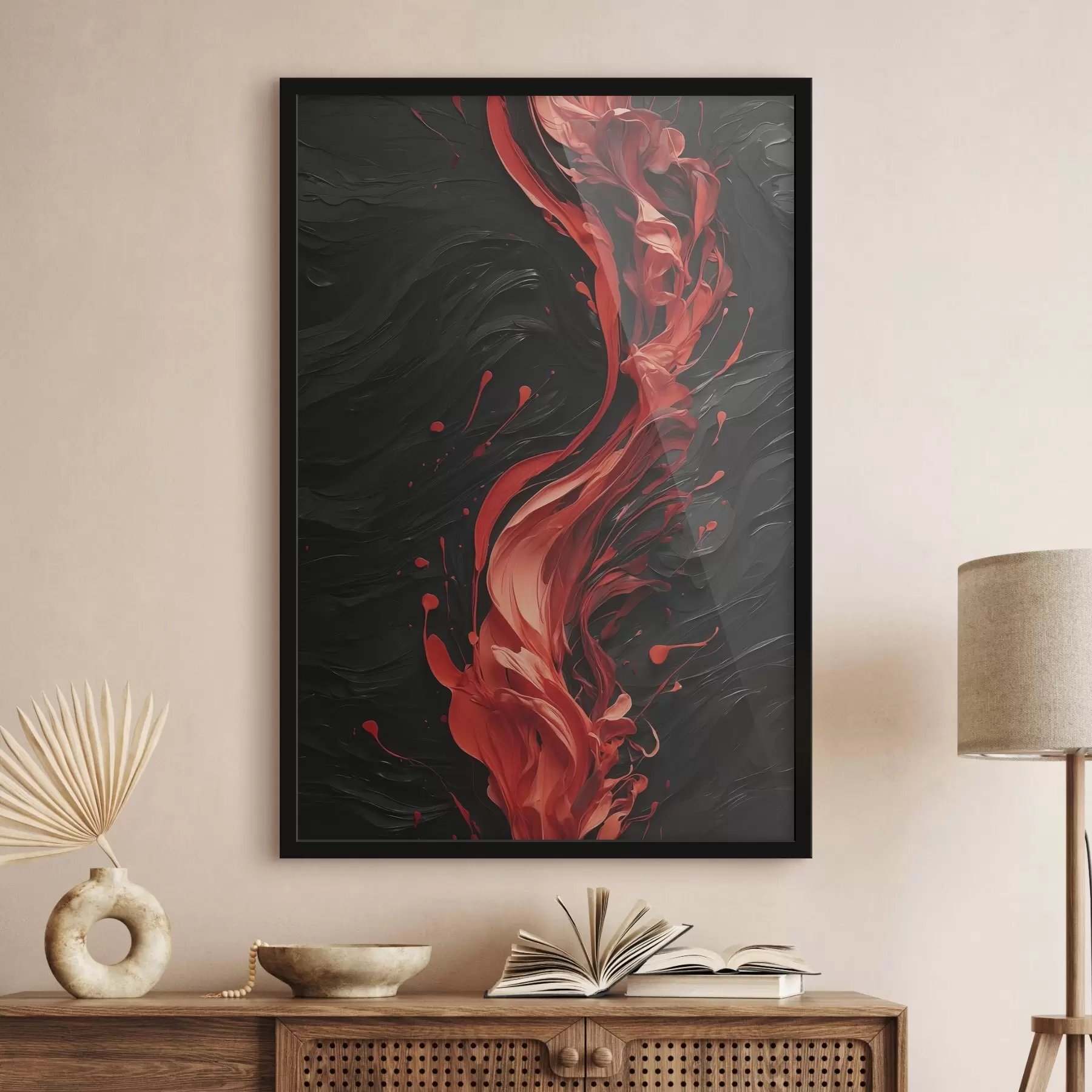 Fotobehang Abstract met rode penseelstreken op zwarte achtergrond f45490