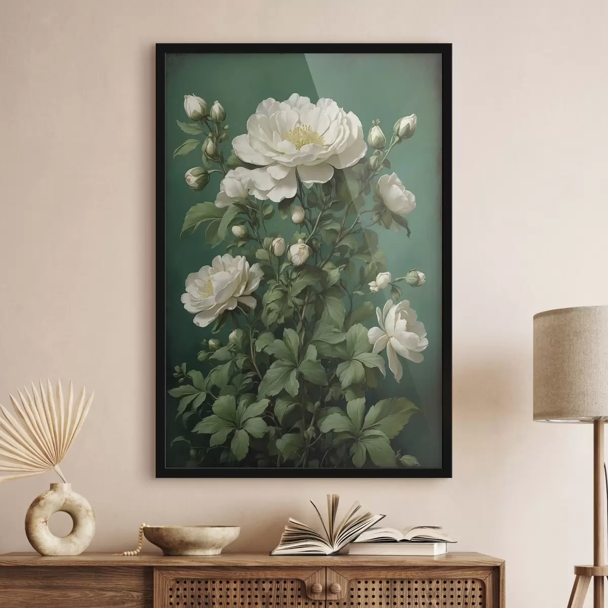 Poster Grote blauwe klaprozen met knoppen op een lichte achtergrond f45491