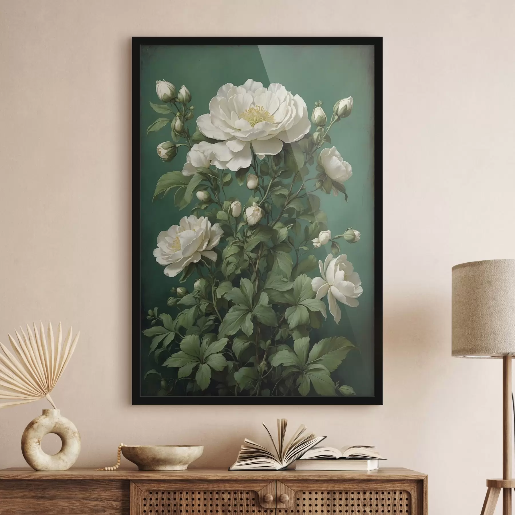 Fotobehang Crème pioenbloemen op een groene achtergrond f45491