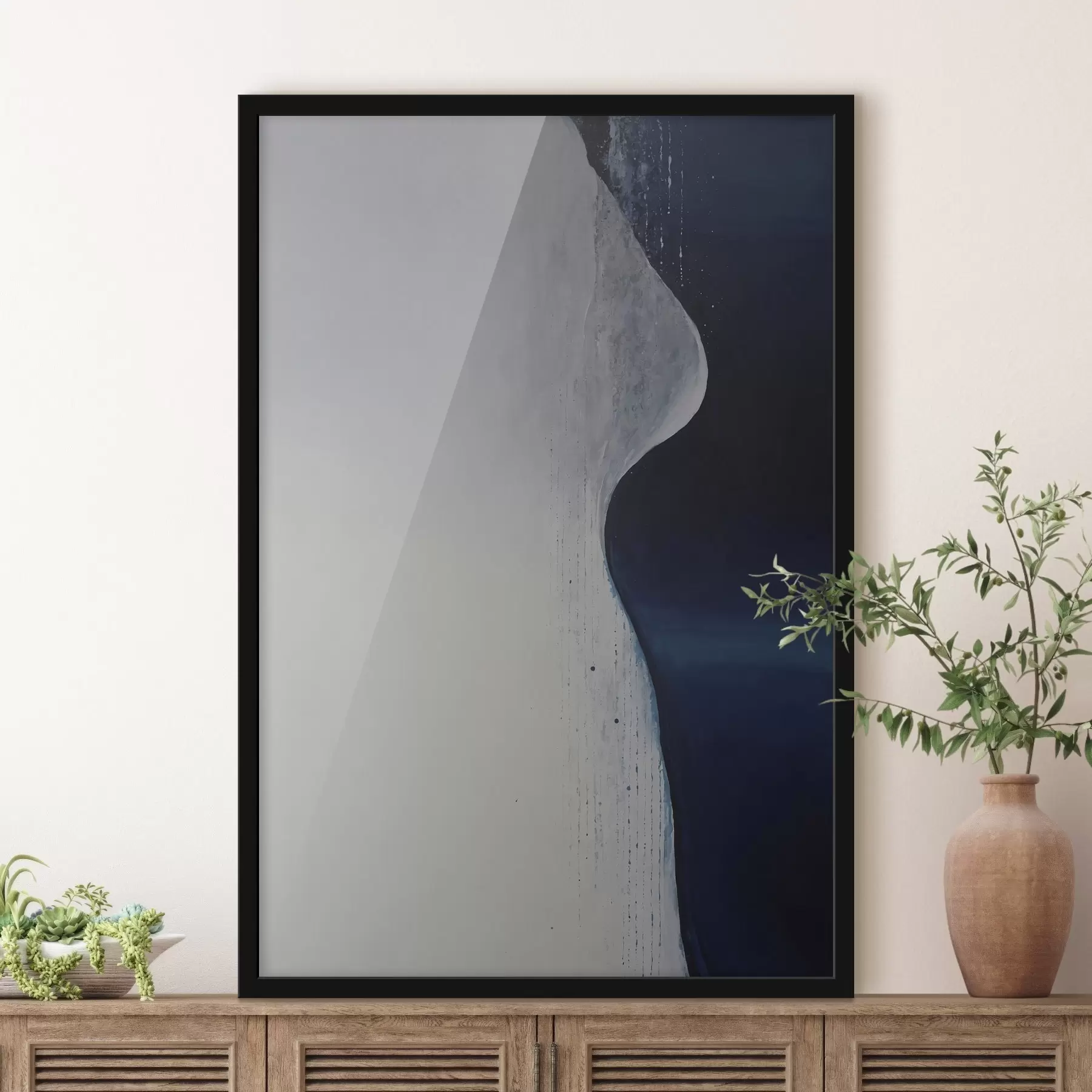 Fotobehang Abstract schilderij in witte, blauwe en donkerblauwe tinten f45493