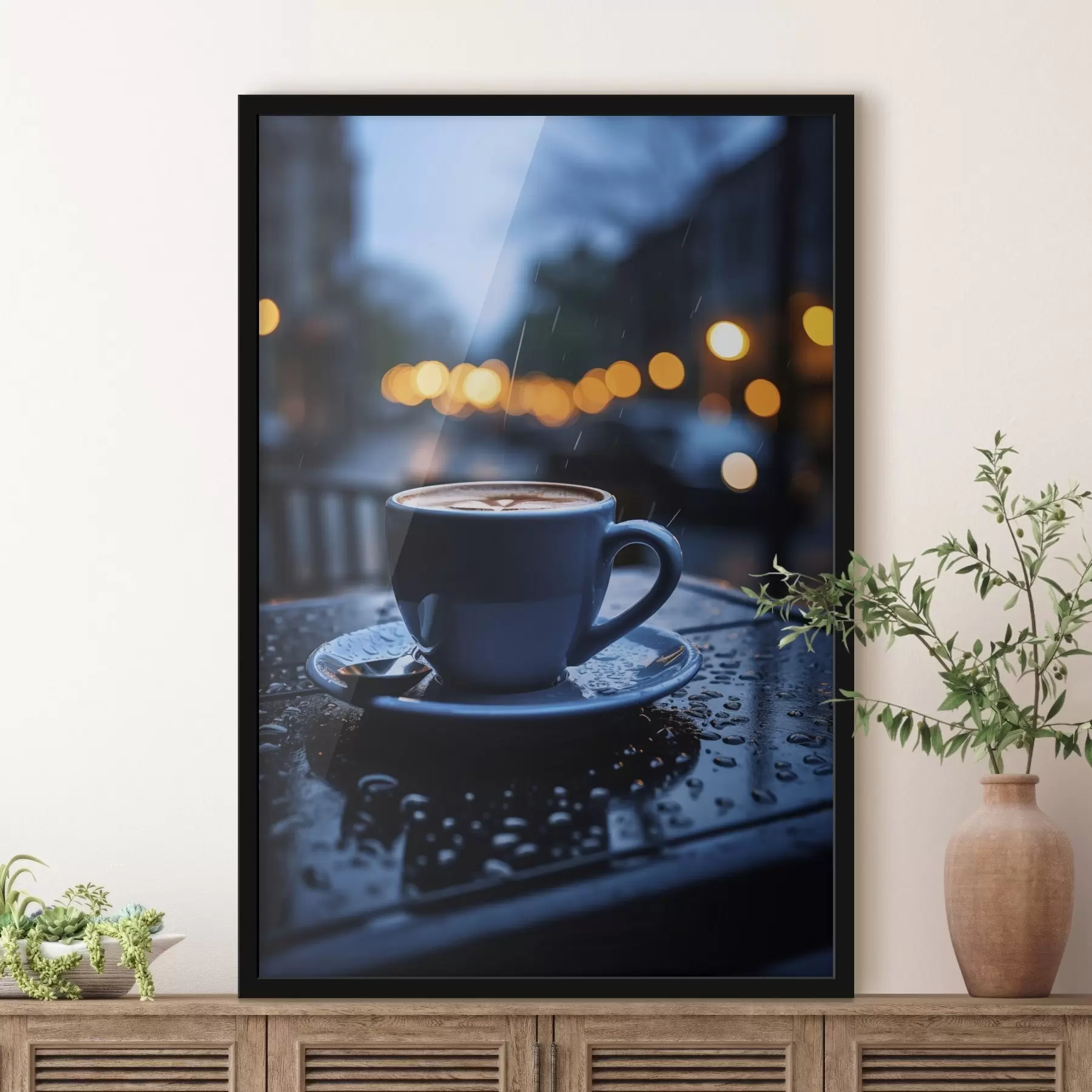 Fotobehang Een kopje koffie op tafel in de regen f45497