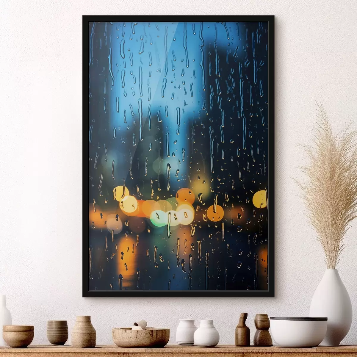 Poster Kopje koffie op een tafel in de regen f45500